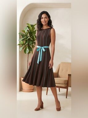 Sandra Darren Fit & Flare Dress Sz 12 Brown Turquoise Vertical Stripe Ribbon Mid